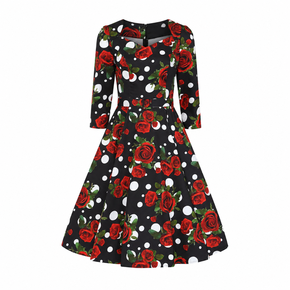 Black White Polka Dot Red Rose Floral Print 3/4 Sleeve 50s Swing Dress With Pockets