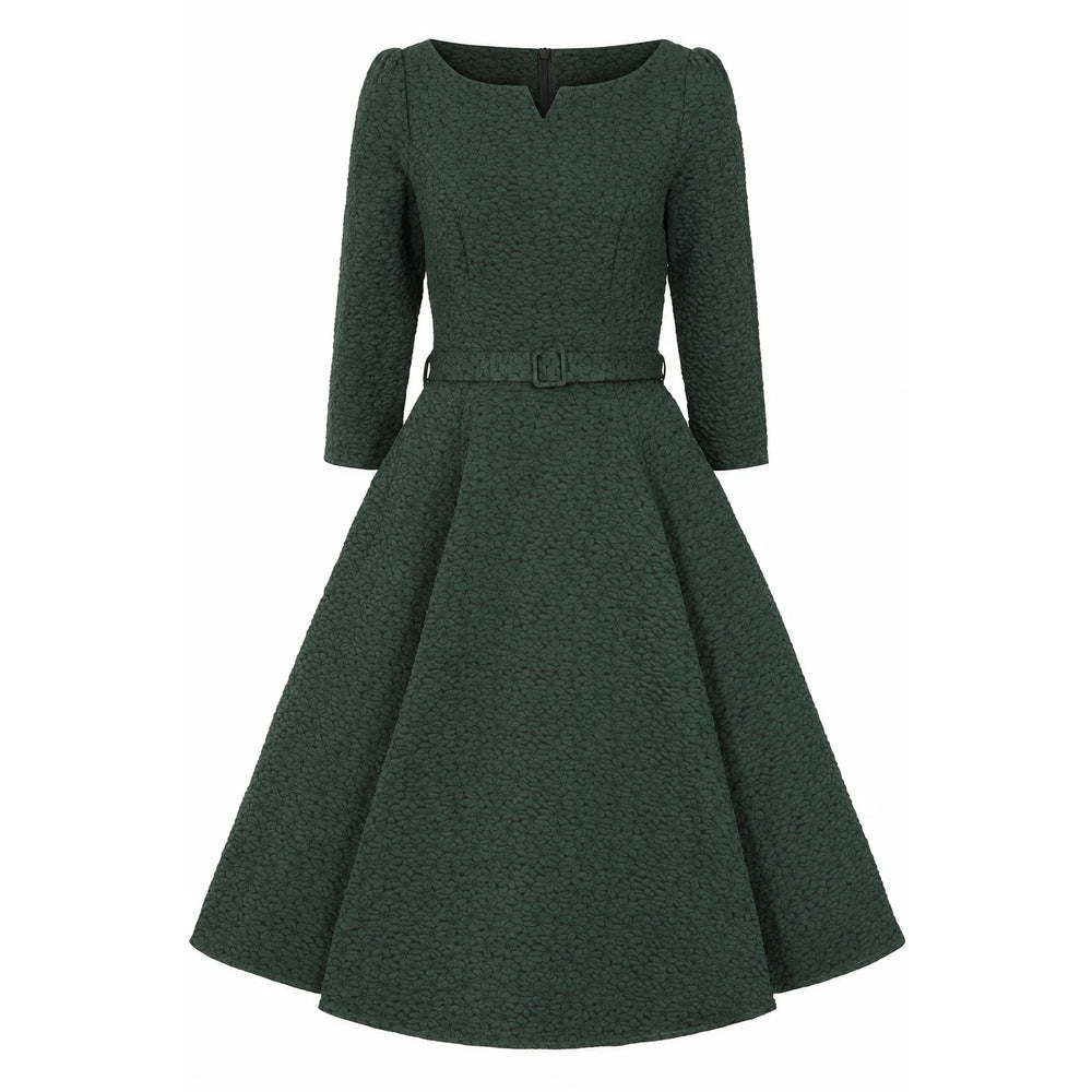 1950s Vintage Style Forest Green Embossed Floral Dress With Pockets