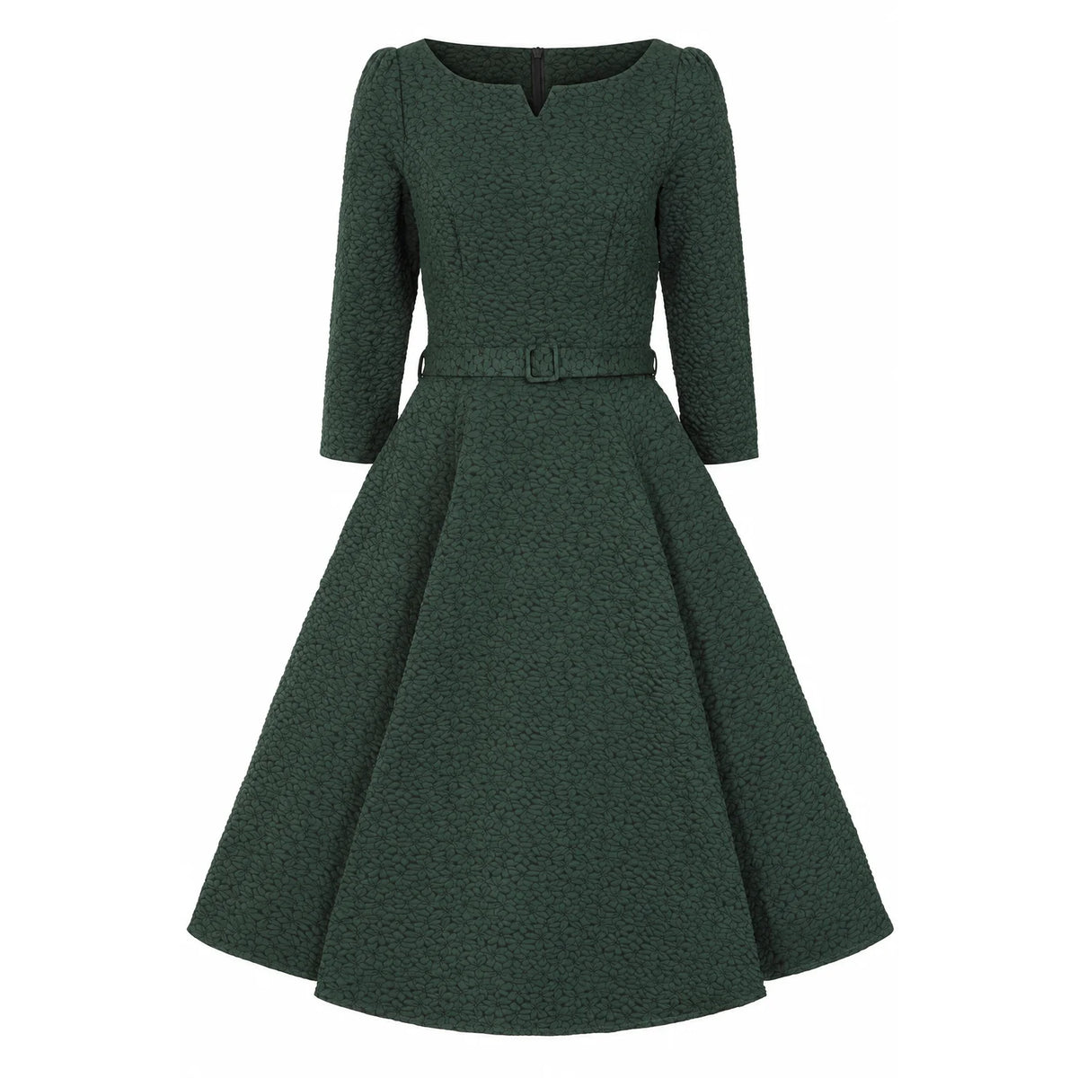 1950s Vintage Style Forest Green Embossed Floral Dress With Pockets