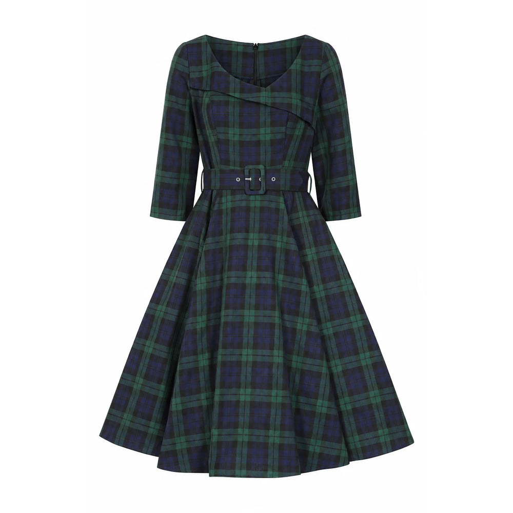 1950s Style Tartan Burns Swing Dress Fit and Flare Neck 3/4 Sleeve Dress with Pockets
