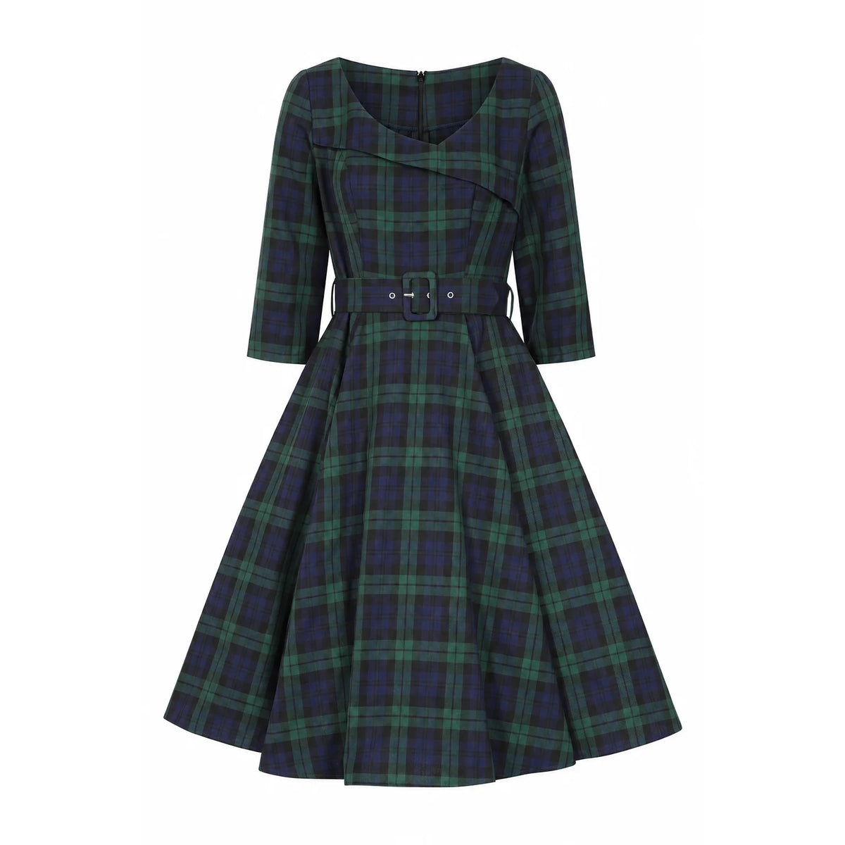 1950s Style Tartan Burns Swing Dress Fit and Flare Neck 3/4 Sleeve Dress with Pockets