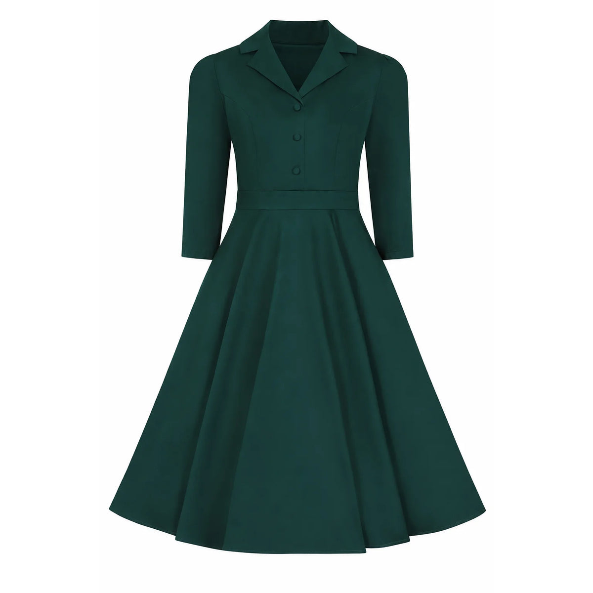 1950s Style Green Cotton Tea Dress with Lapel Collar.