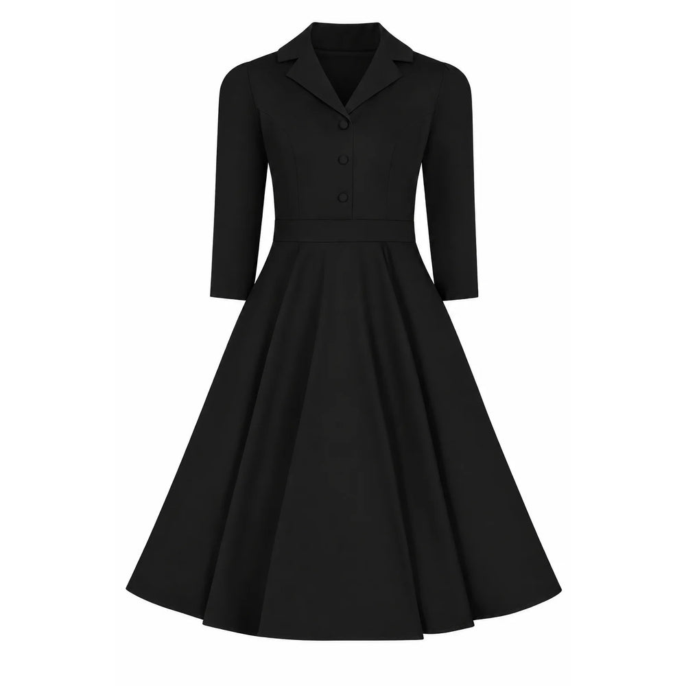 1950s Style Black Cotton Tea Dress with Lapel Collar