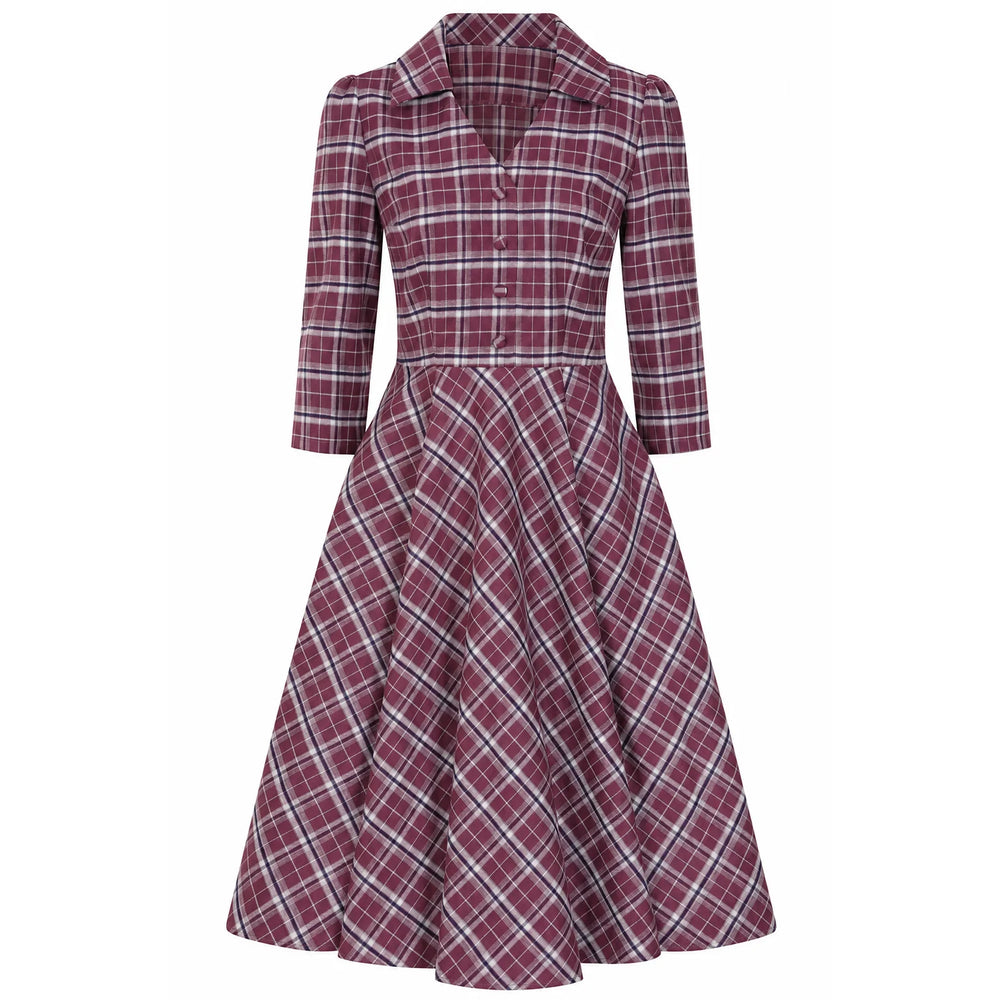 1950s Style Purple Tartan Check Burns Swing Dress Fit and Flare Neck 3/4 Sleeve Dress with Pockets