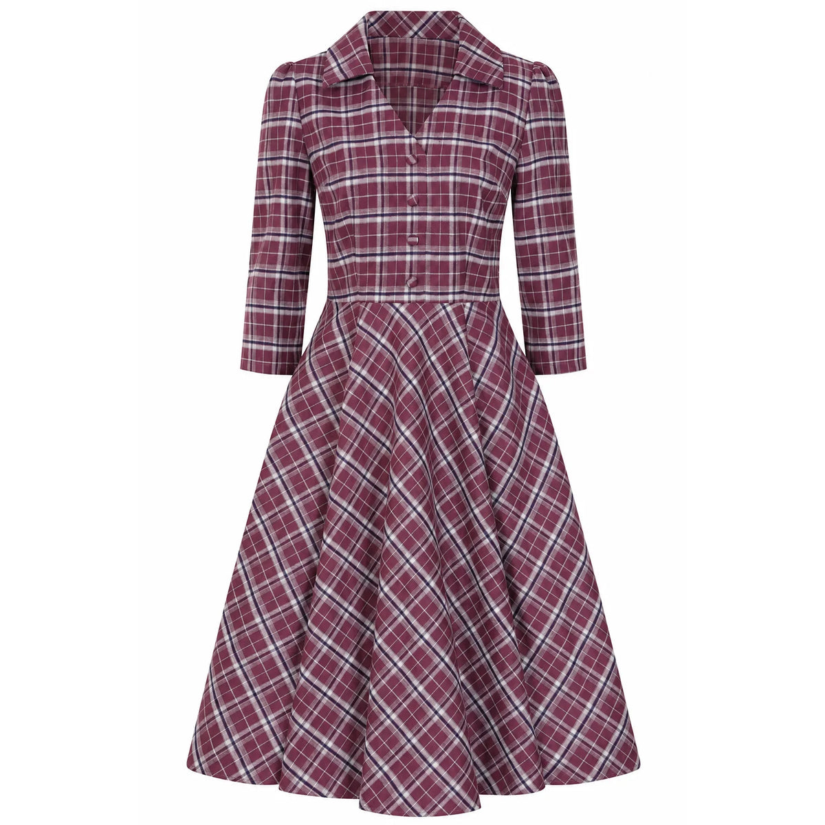 1950s Style Purple Tartan Check Burns Swing Dress Fit and Flare Neck 3/4 Sleeve Dress with Pockets