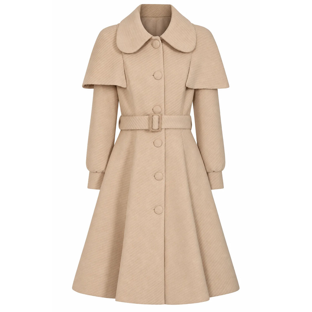 1940s Vintage Style Beige Belted Cape Swing Coat.