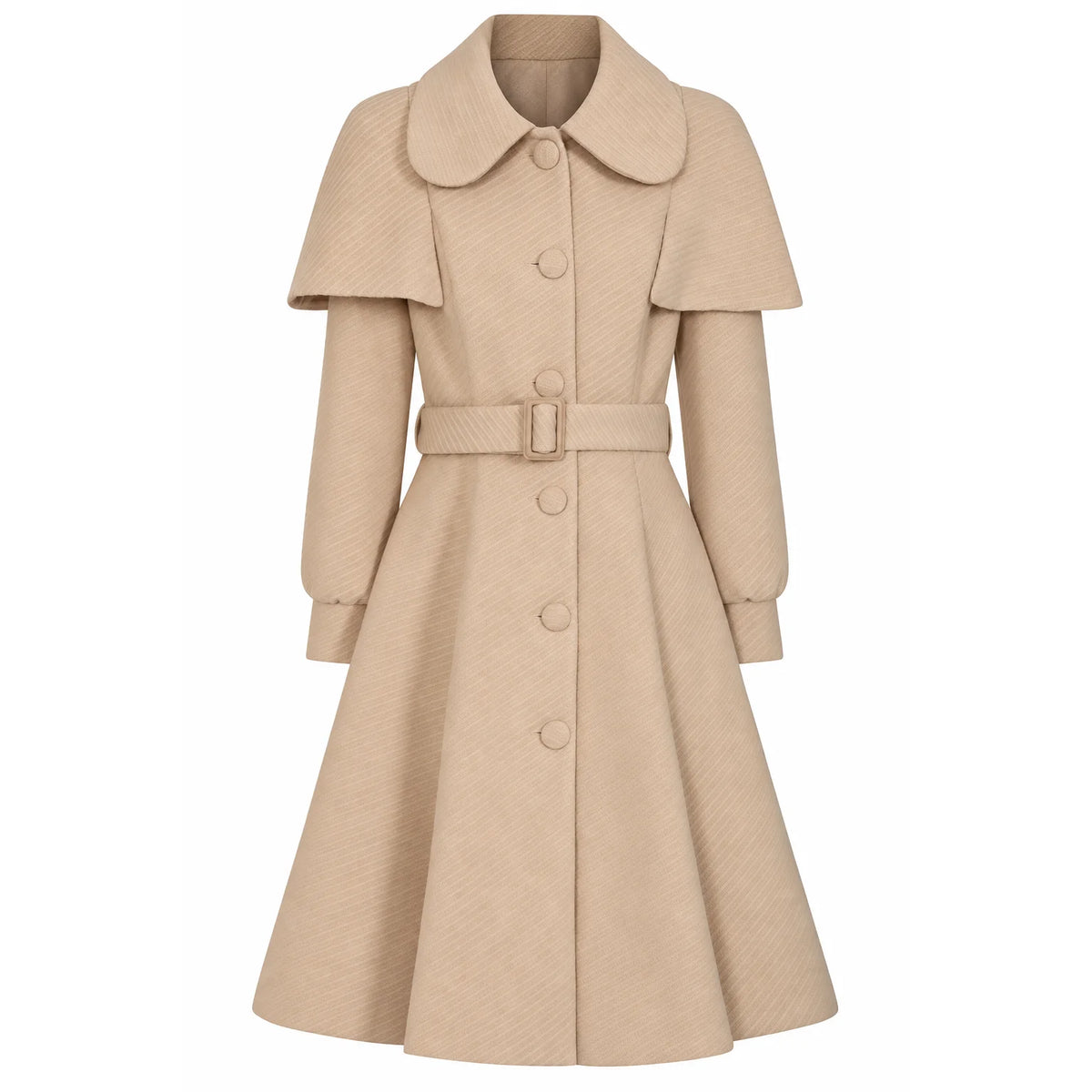 1940s Vintage Style Beige Belted Cape Swing Coat.