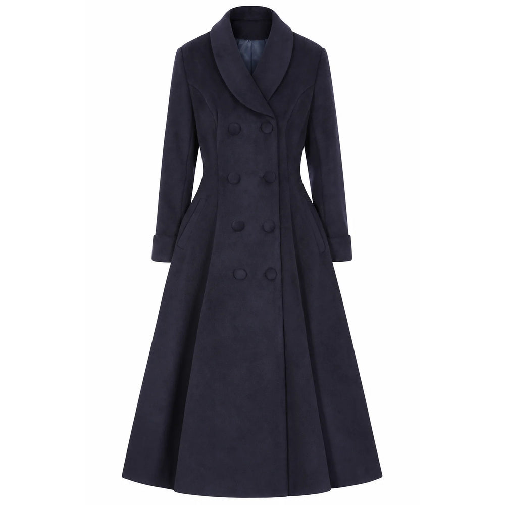 1950s Vintage Style Navy Swing Shawl Collar Double Breasted Long Lined Coat