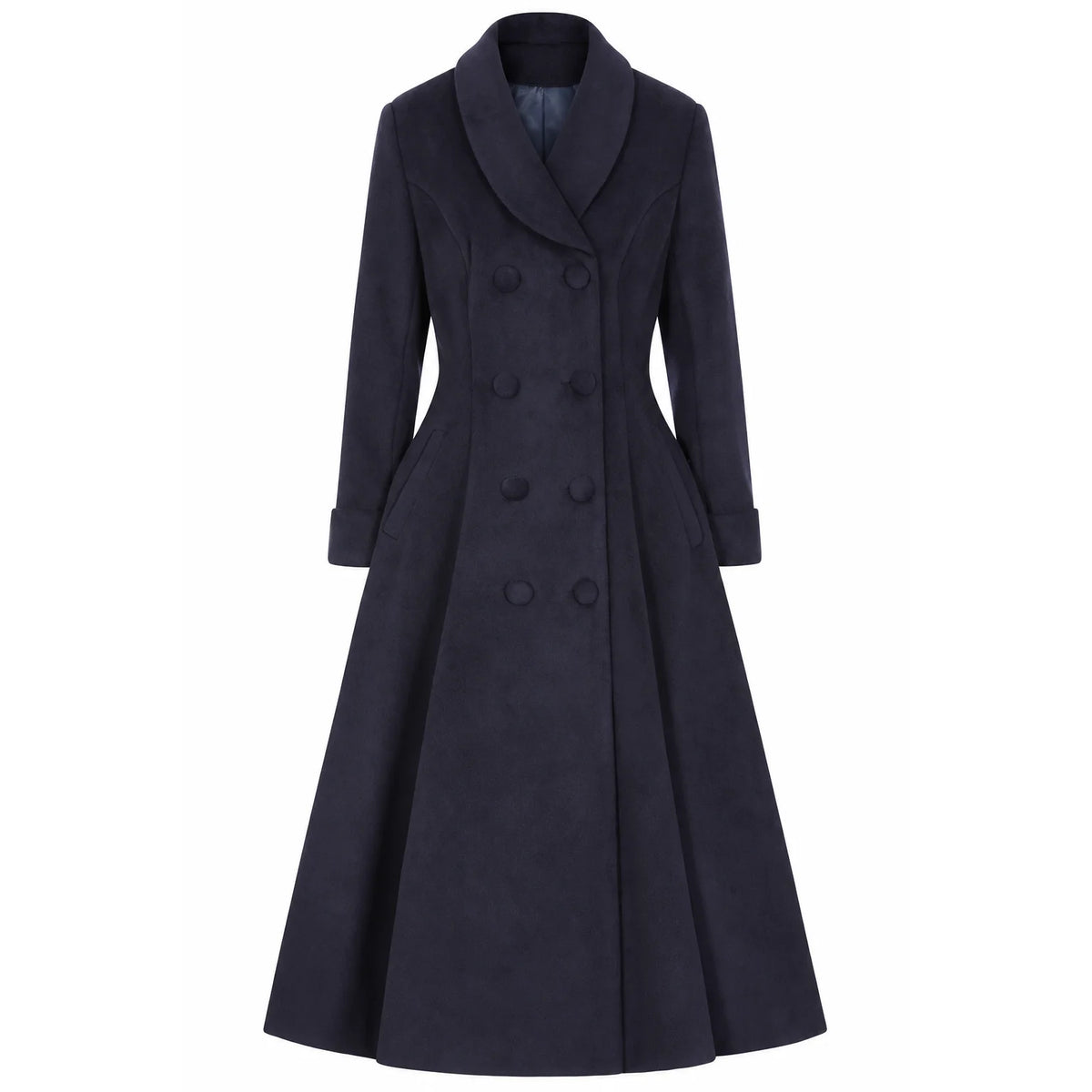 1950s Vintage Style Navy Swing Shawl Collar Double Breasted Long Lined Coat