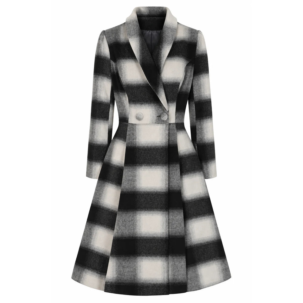 1950s Vintage Style Grey Check Wool Blend Swing Coat