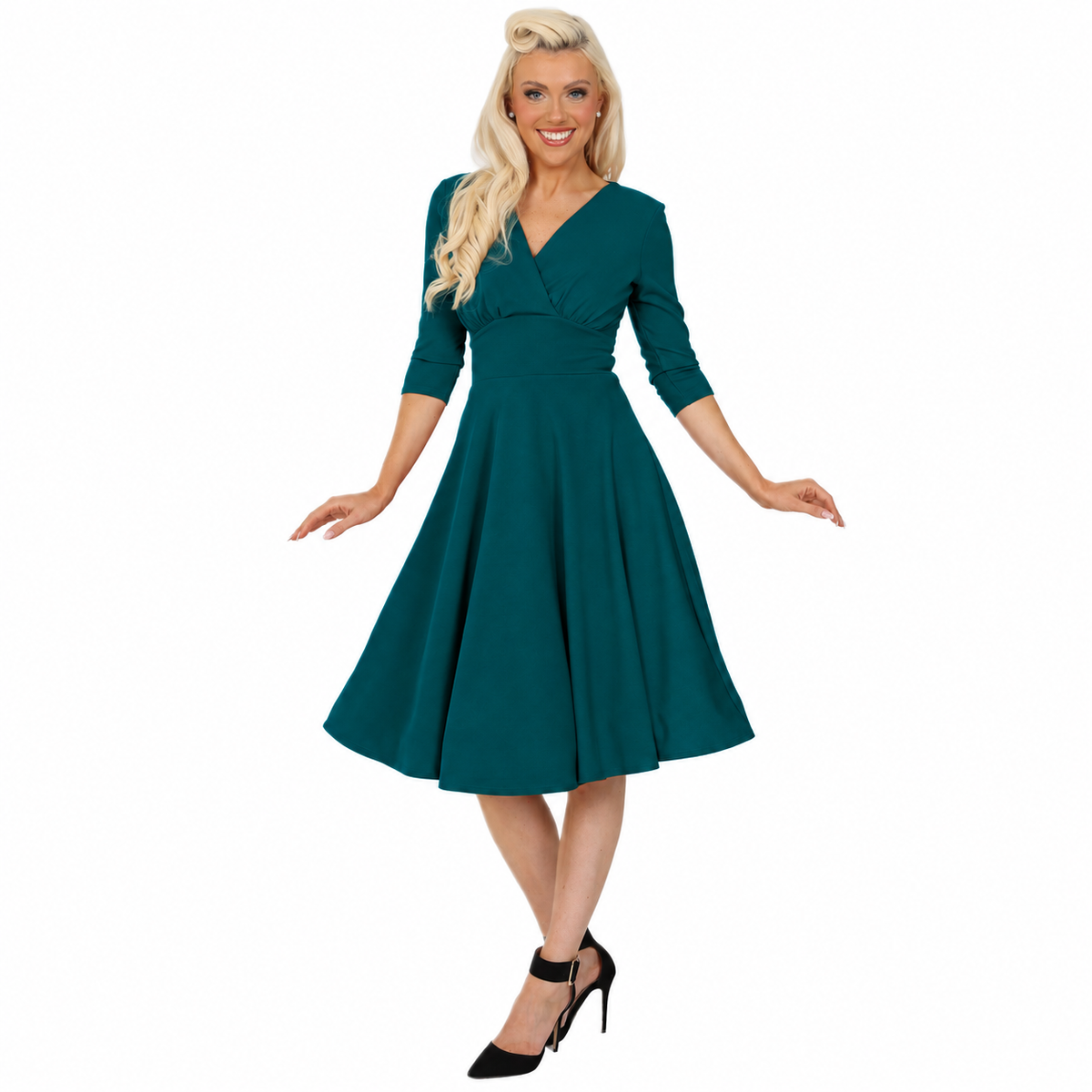 Teal Vintage A Line Crossover 3/4 Sleeve Tea Swing Dress