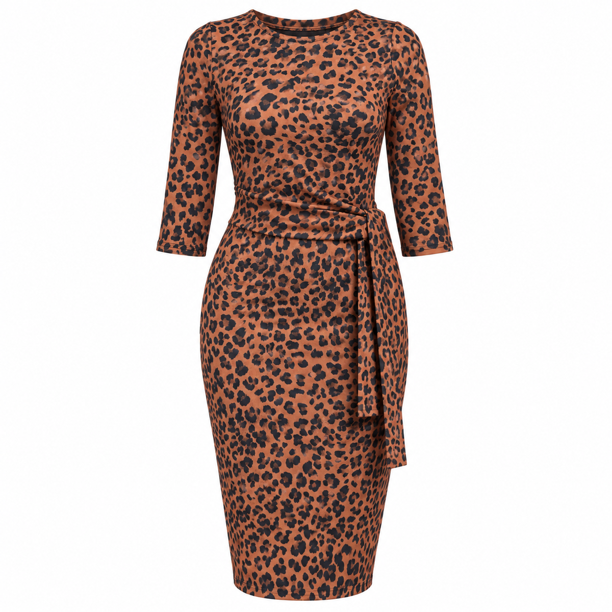 Leopard Print Vintage Style Pencil Dress with Tie Waist.