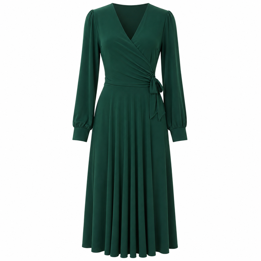 1940s Forest Green Vintage Style Wrap Midi Dress With Long Sleeves