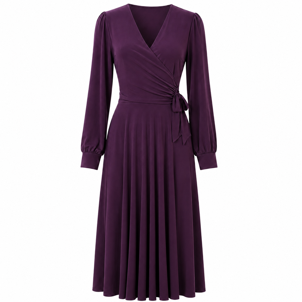 1940s Aubergine Vintage Style Wrap Midi Dress With Long Sleeves