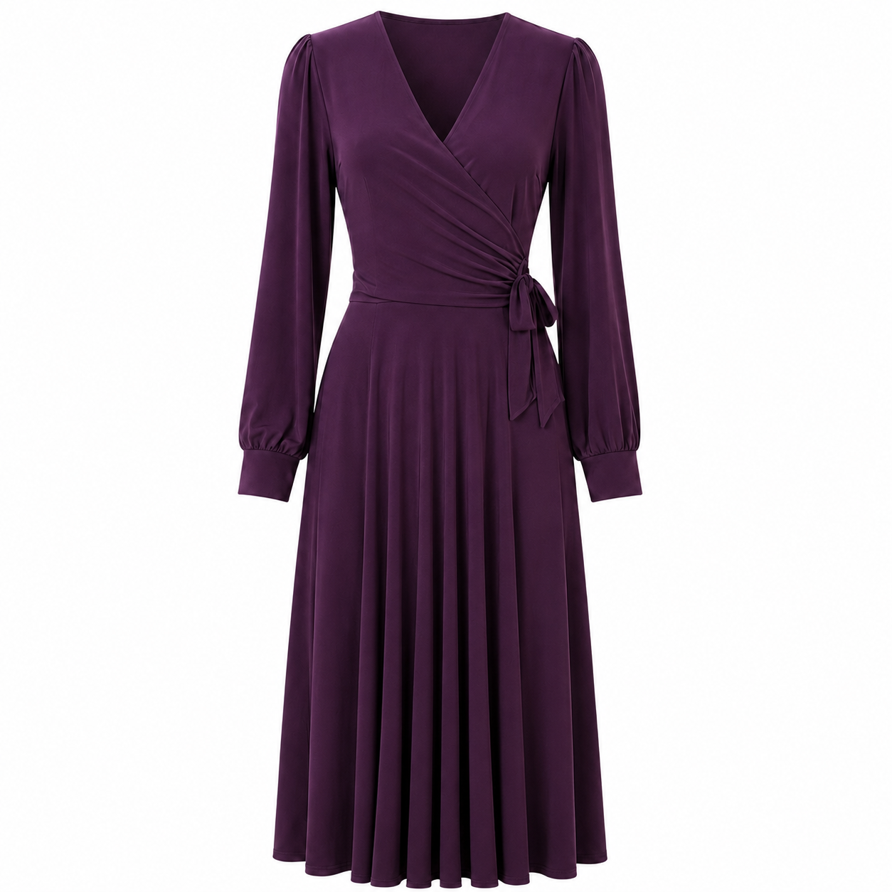 1940s Aubergine Vintage Style Wrap Midi Dress With Long Sleeves