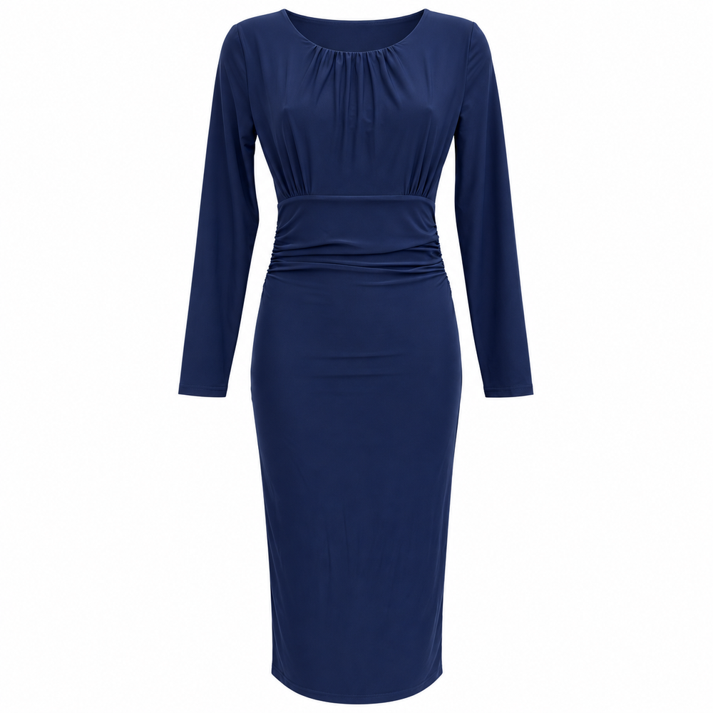 Navy Blue Pleated Long Sleeve Slinky Cocktail Wiggle Dress
