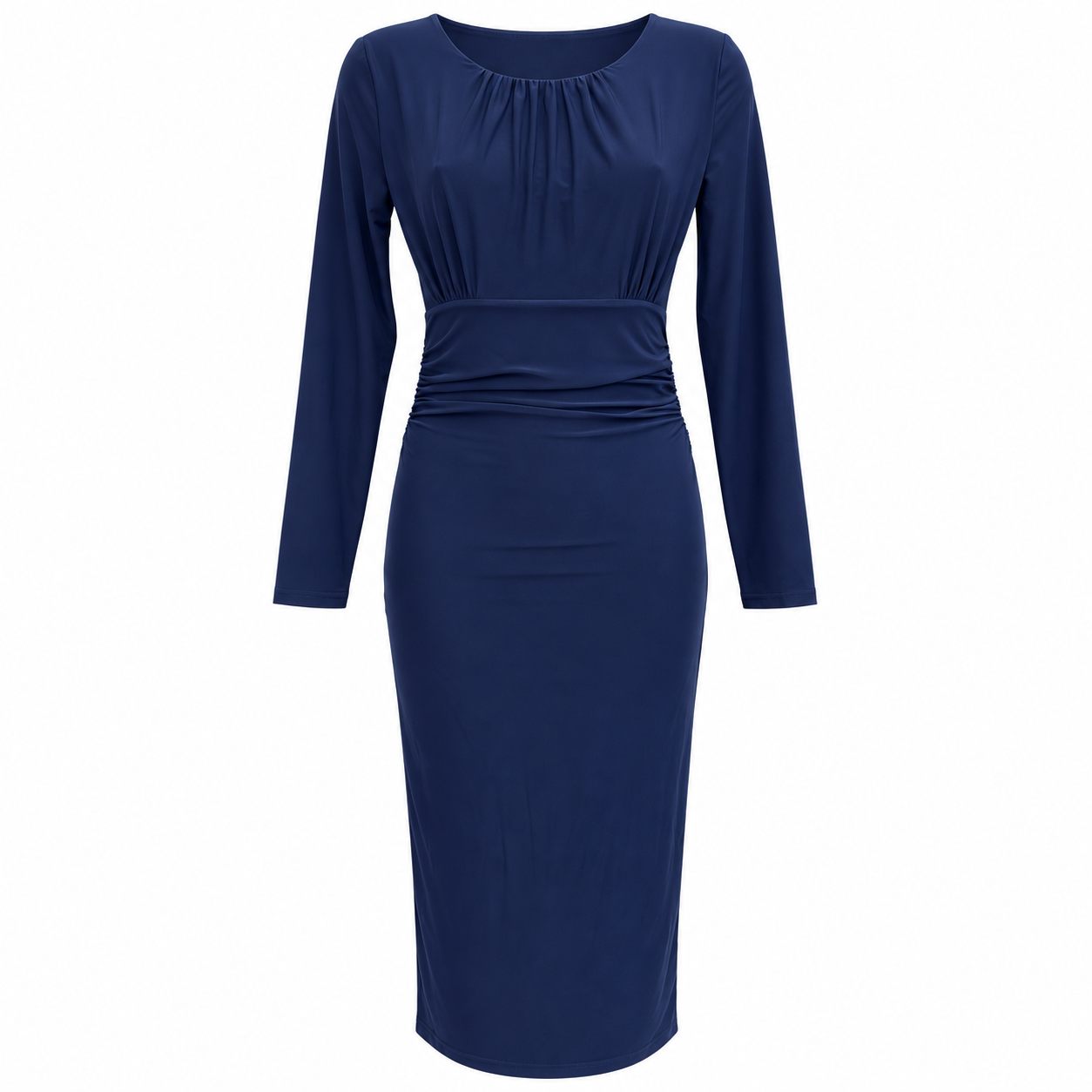 Navy Blue Pleated Long Sleeve Slinky Cocktail Wiggle Dress