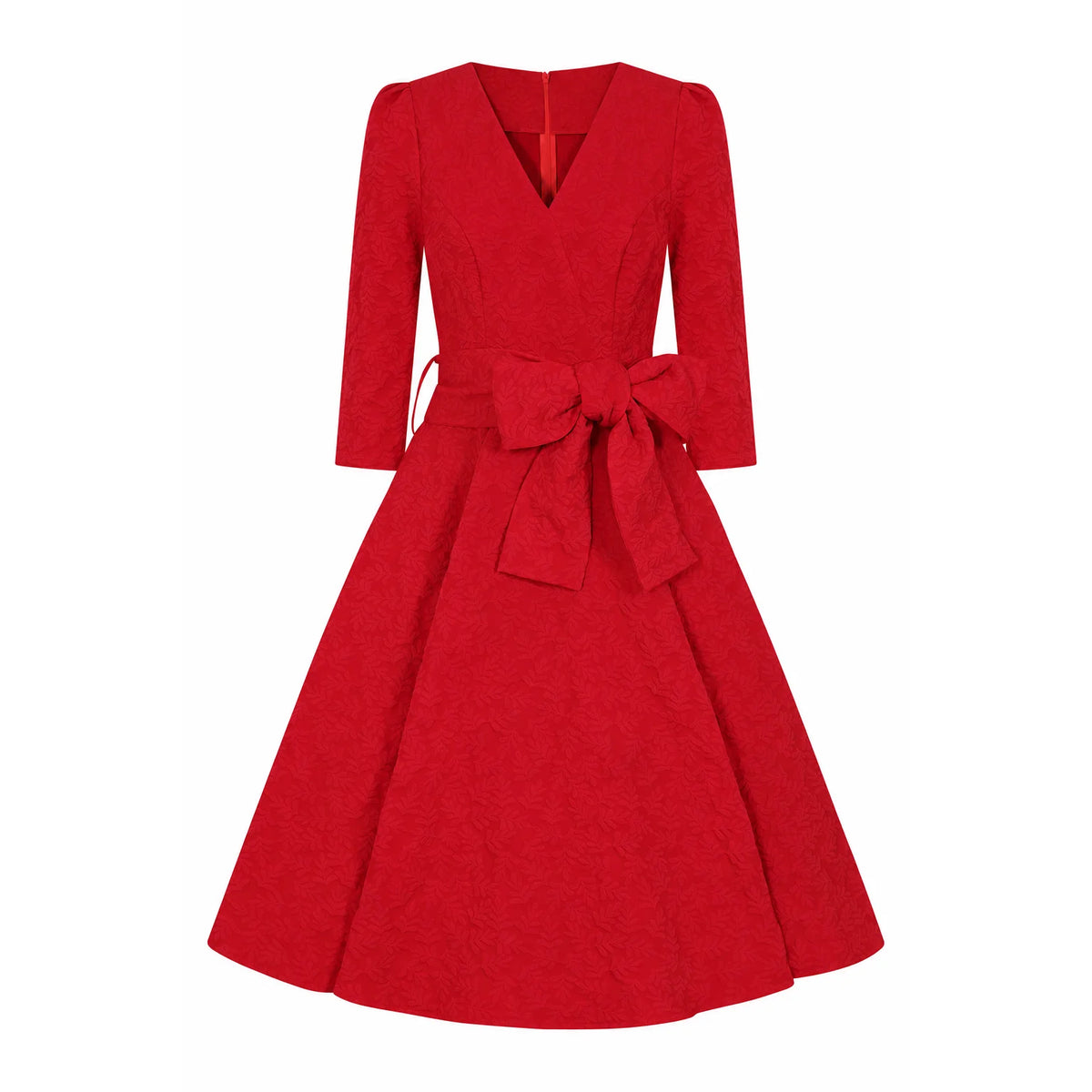Red 1950s Vintage Style Jacquard Swing Dress with Bow Belt