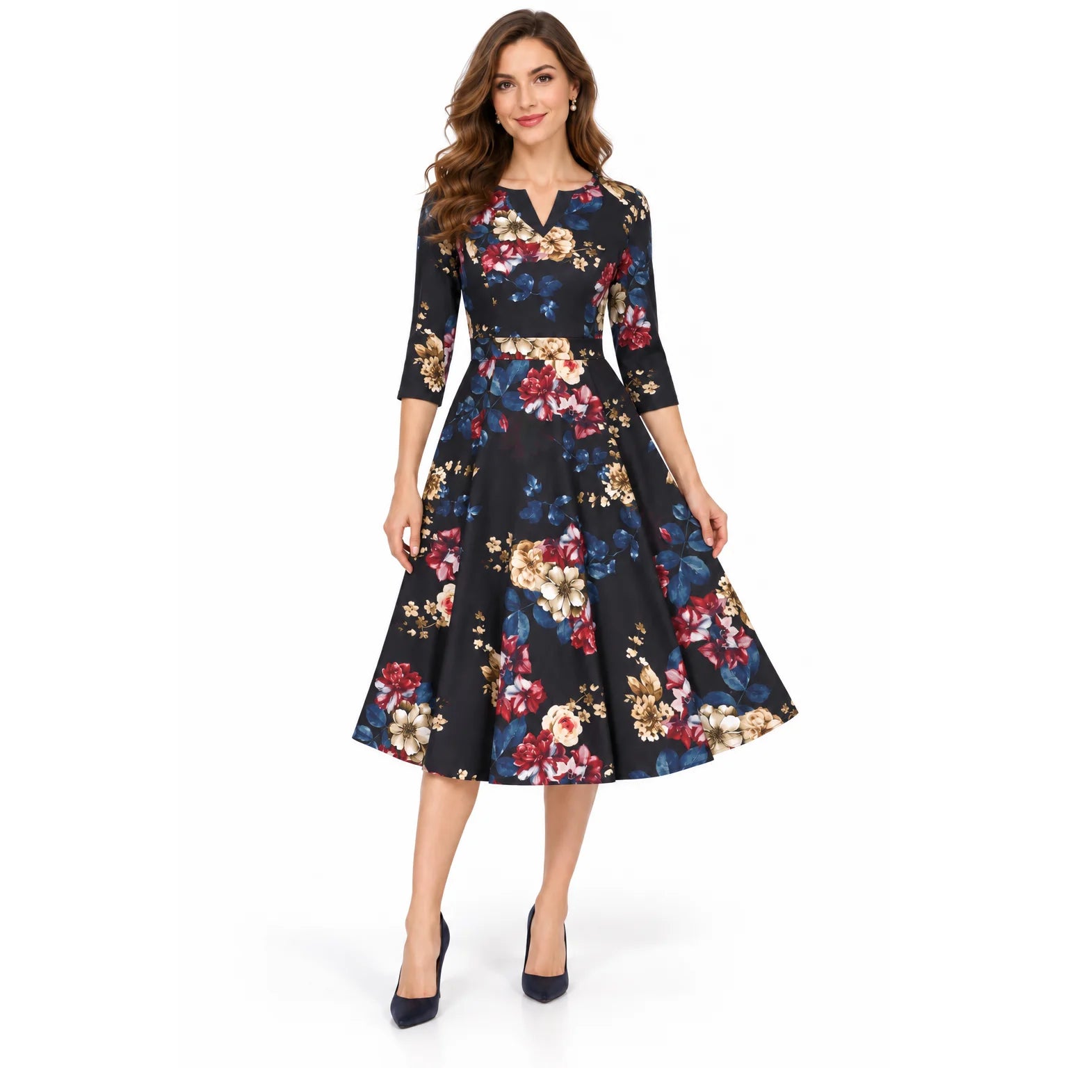 Black Floral Vintage Style Swing Dress with 3/4 Sleeves With Pockets