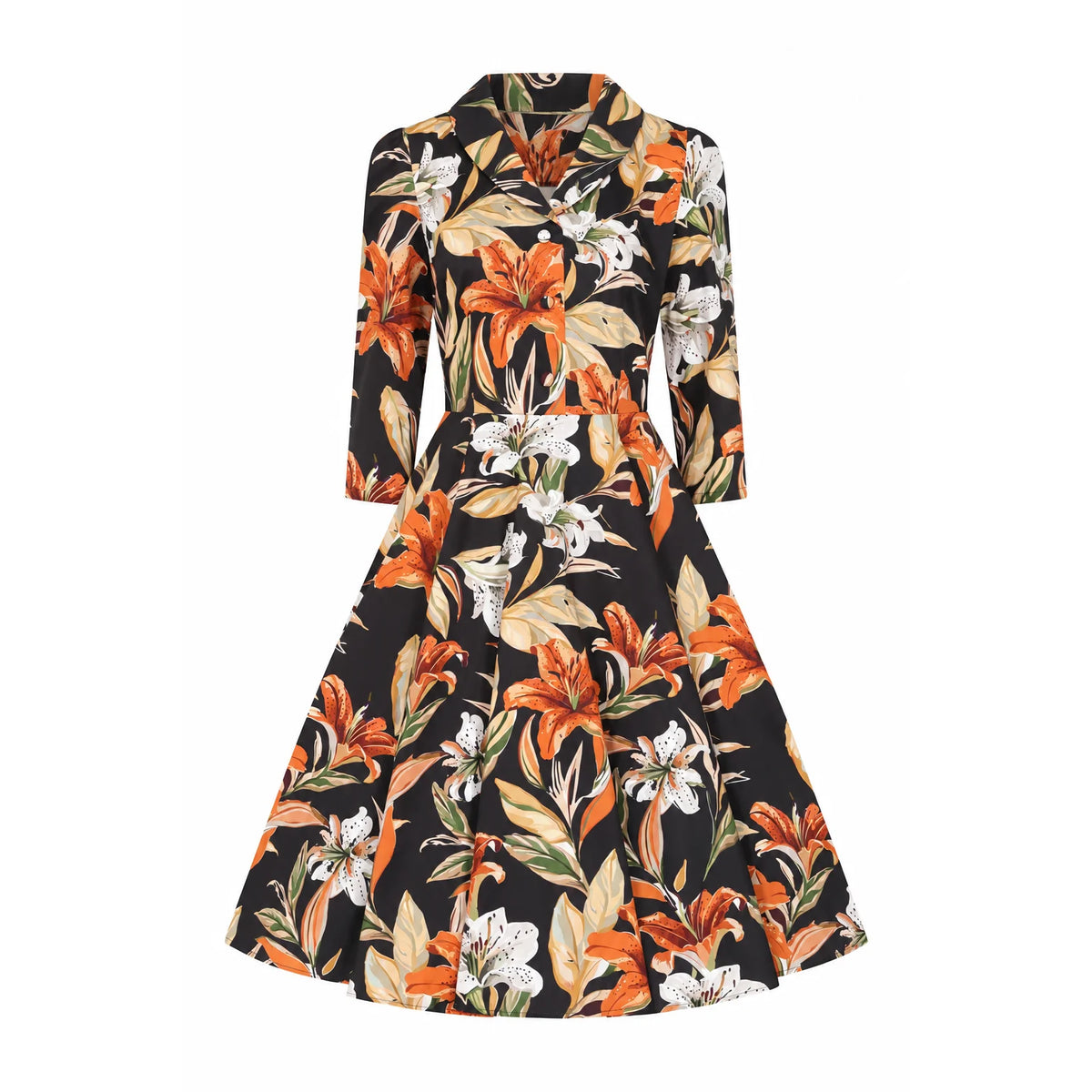Black Lily Floral Vintage Swing Collared Tea Midi Dress