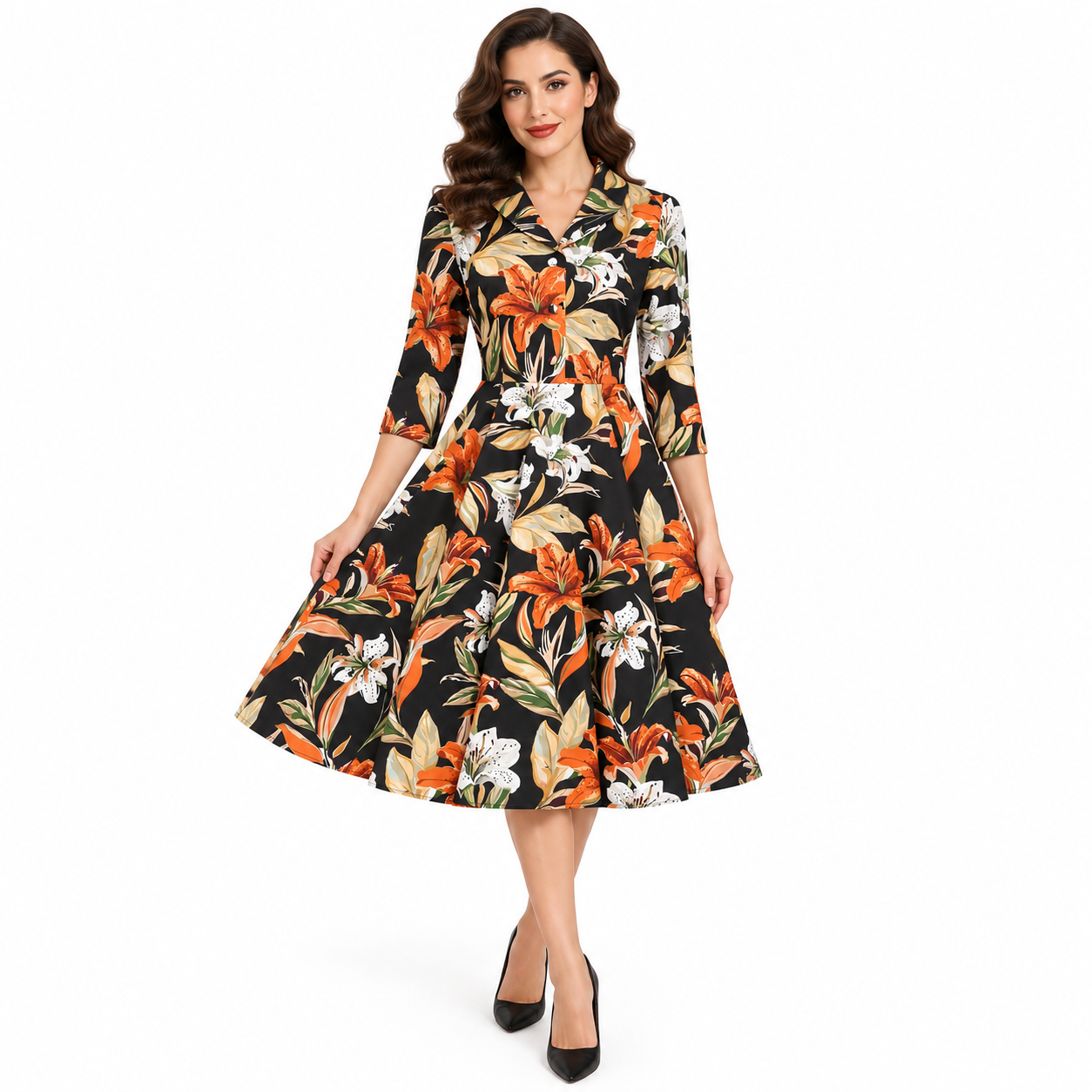 Black Lily Floral Vintage Swing Collared Tea Midi Dress