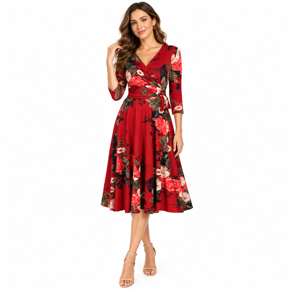 Wine Red Floral Print 3/4 Sleeve Vintage Swing Dress