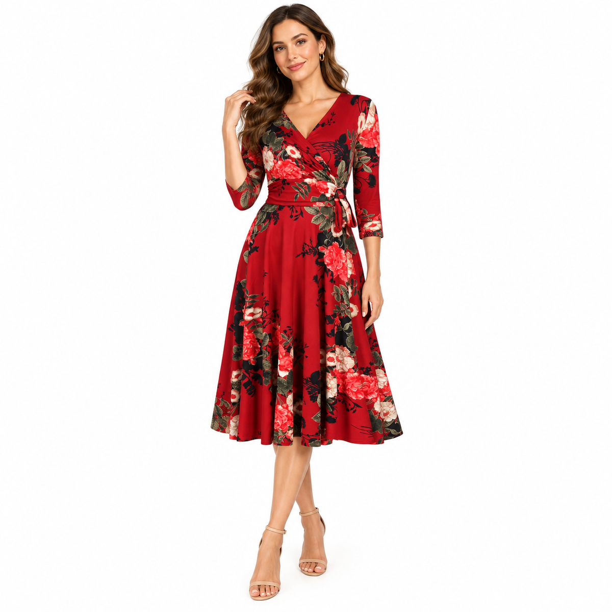 Wine Red Floral Print 3/4 Sleeve Vintage Swing Dress