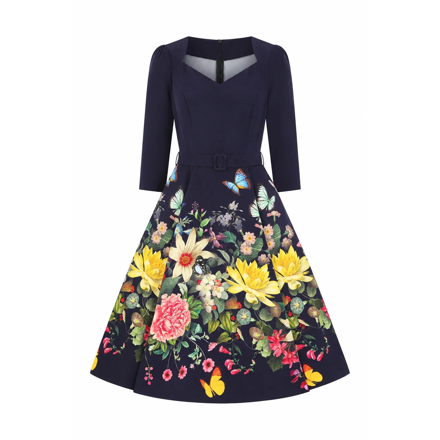 Navy Floral Butterfly Sweetheart Swing Dress with 3/4 Sleeves And Pockets