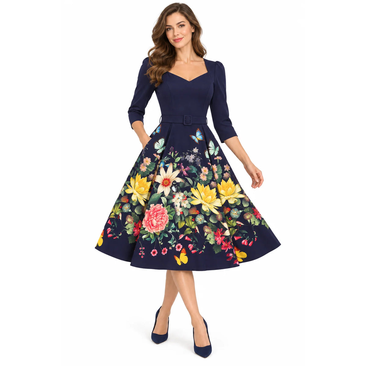 Navy Floral Butterfly Sweetheart Swing Dress with 3/4 Sleeves And Pockets