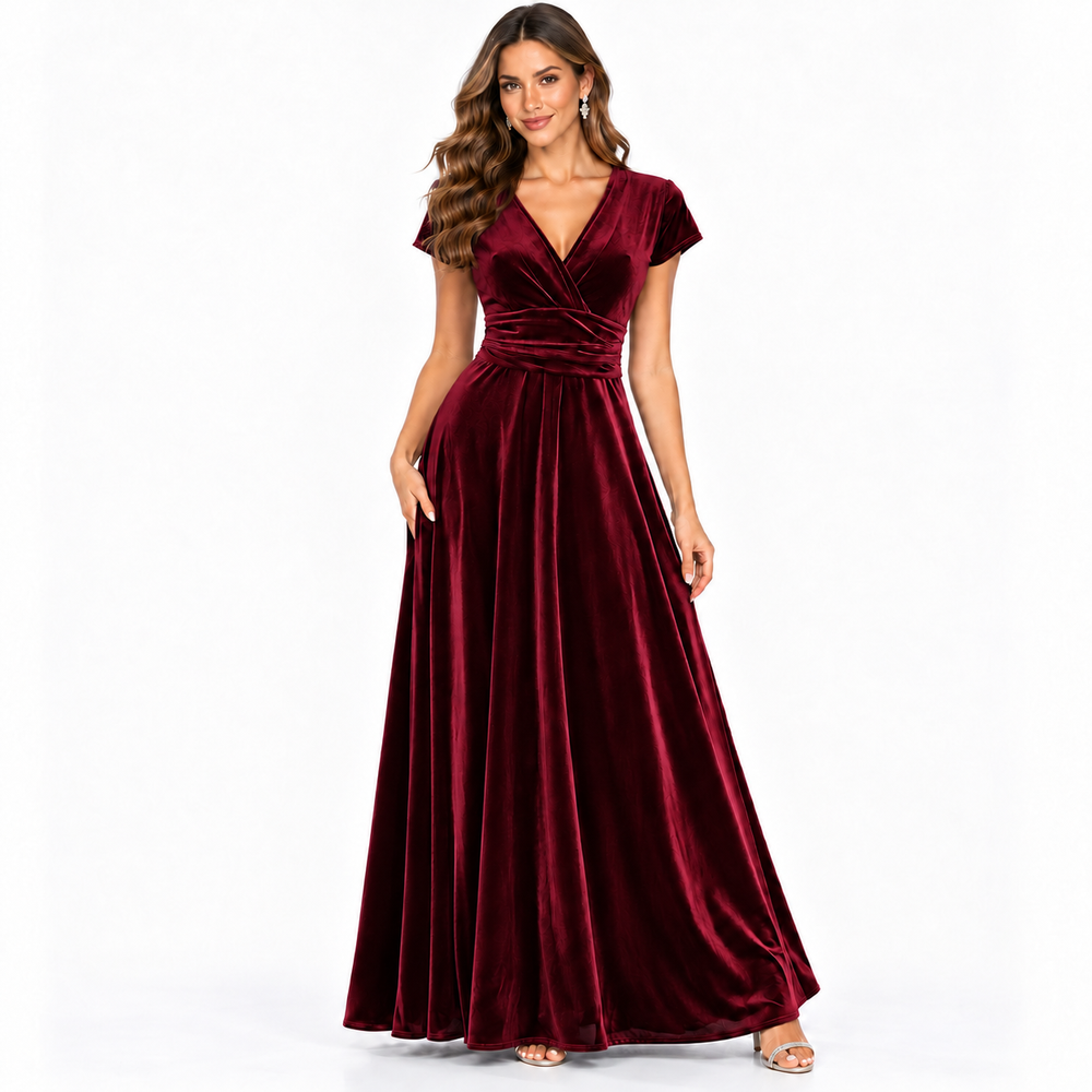 1940s Inspired Claret Wine Velour V Neck Cap Sleeve Maxi Dress