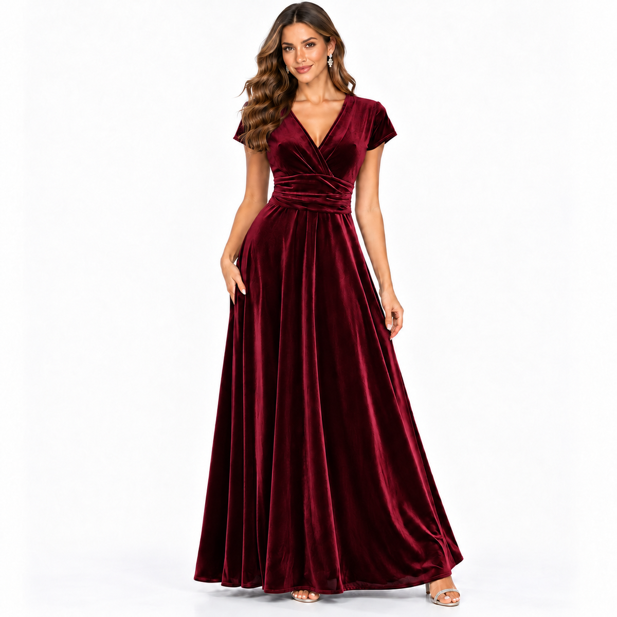 1940s Inspired Claret Wine Velour V Neck Cap Sleeve Maxi Dress