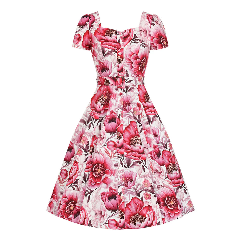 Pink Floral Cap Sleeve Rockabilly 50s Swing Dress