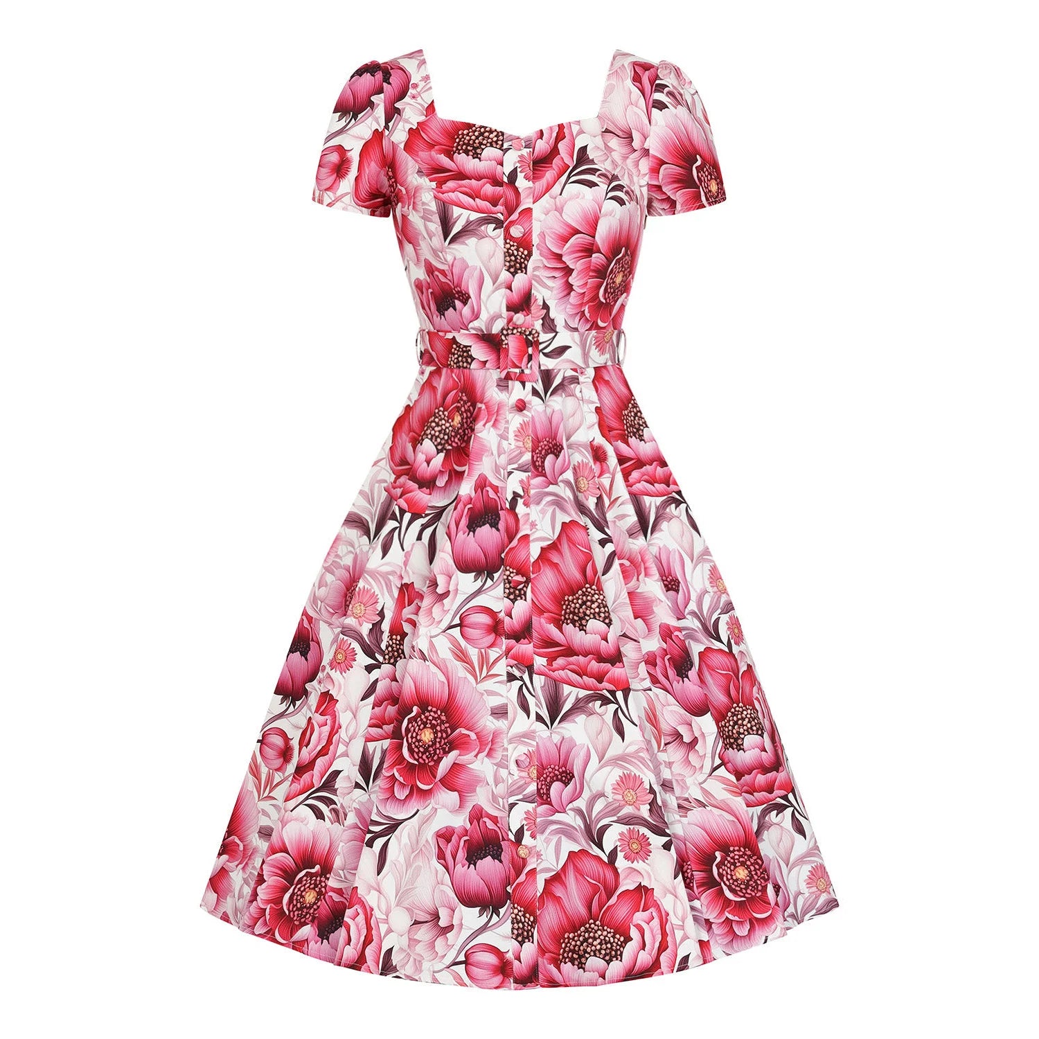 Pink Floral Cap Sleeve Rockabilly 50s Swing Dress