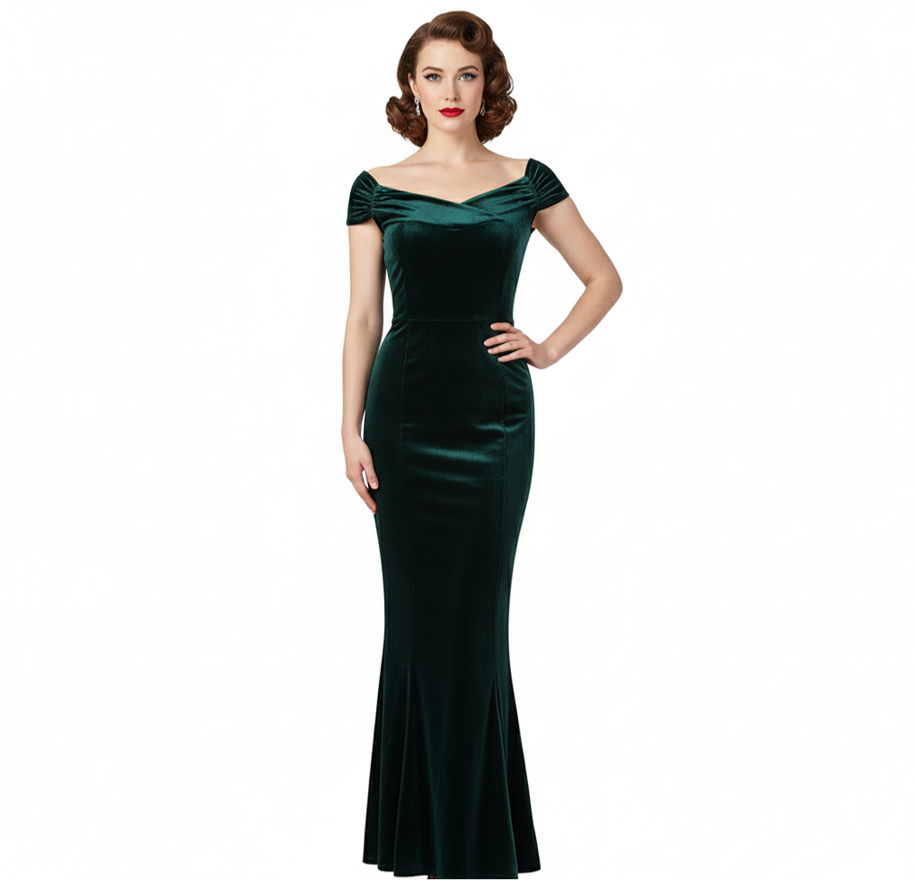 Green Cap Sleeve Crossover Bust Fishtail Hem Velour Maxi Dress