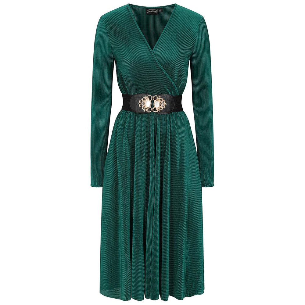 Dark Green Plisse Wrap Midi Flare Dress