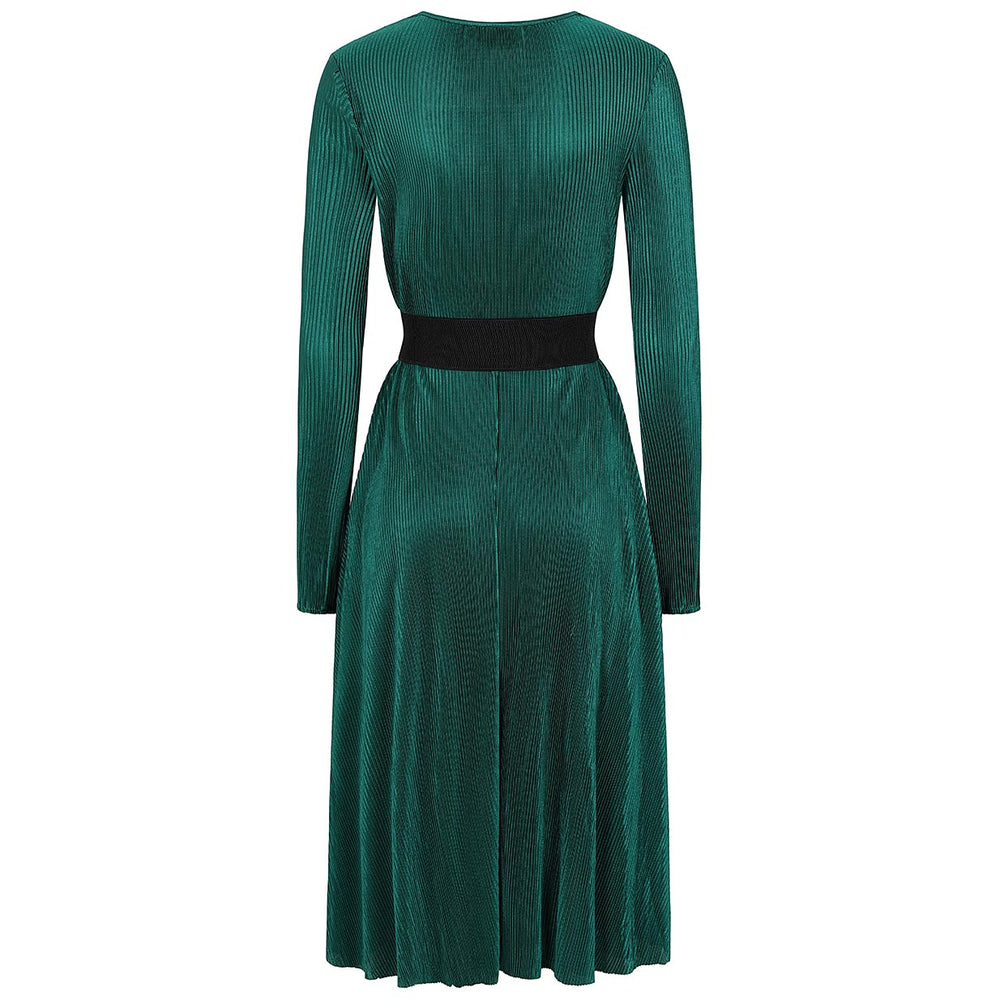 Dark Green Plisse Wrap Midi Flare Dress