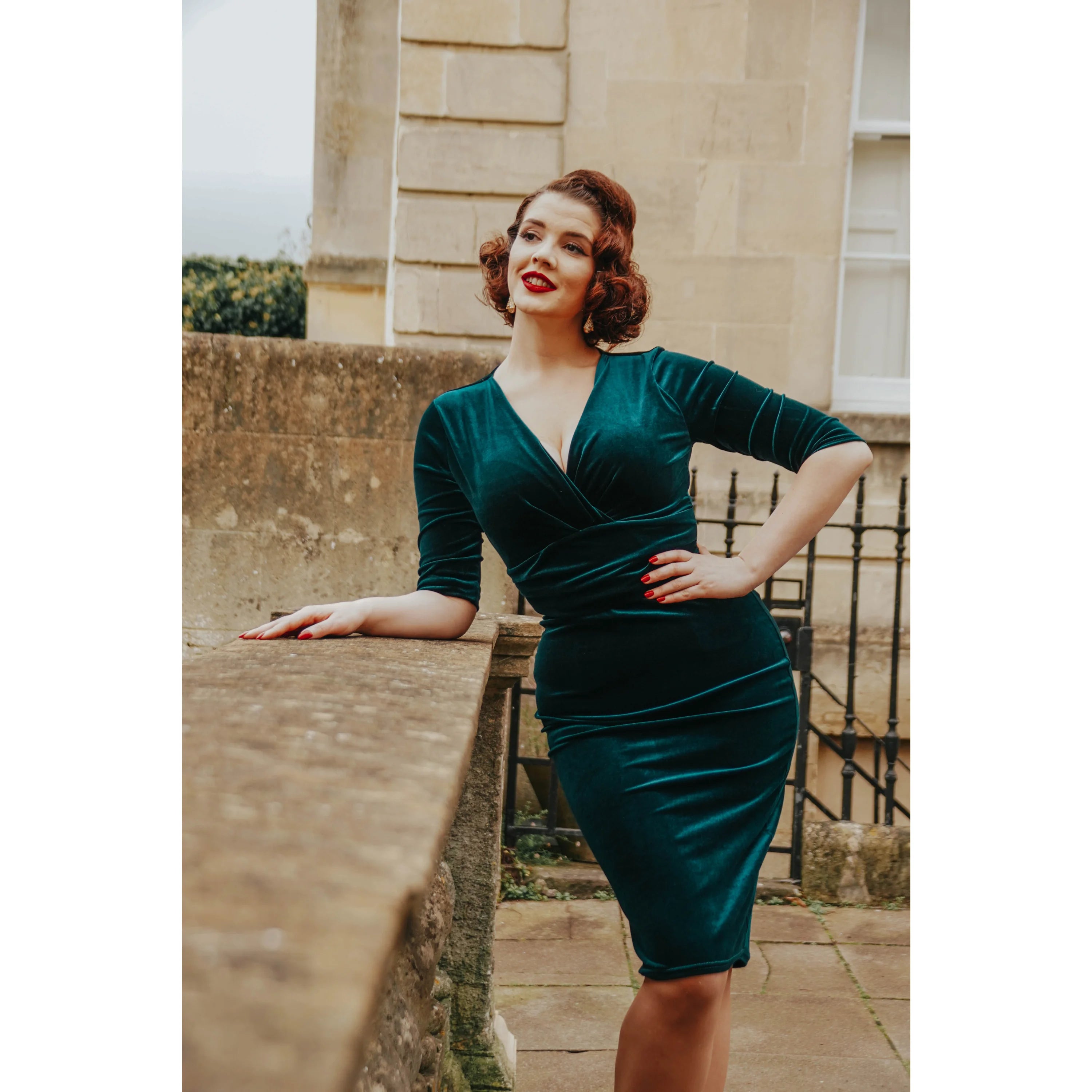 Emerald Green Velour Deep V 3/4 Sleeve Bodycon Ruched Waist Wiggle Dress