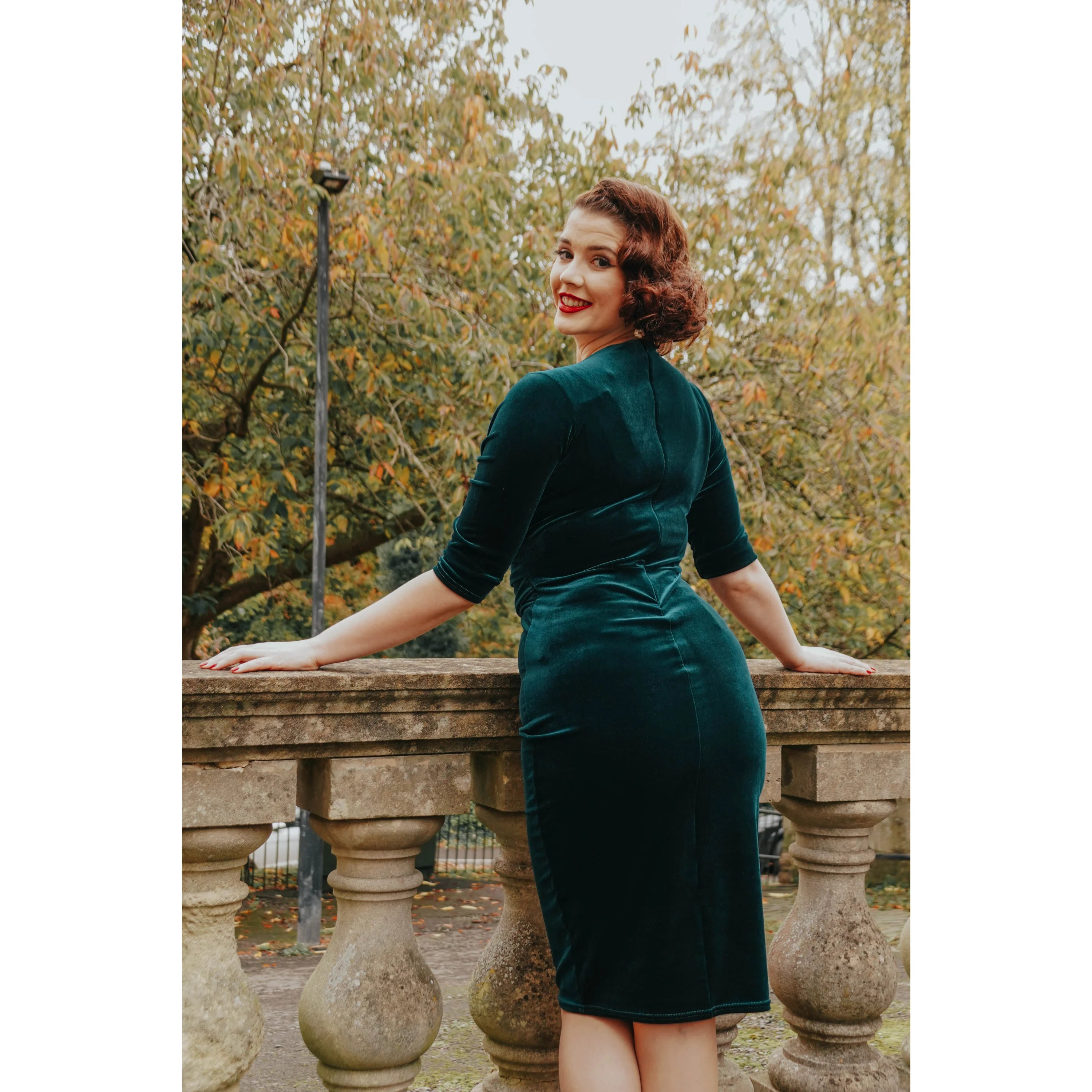 Emerald Green Velour Deep V 3/4 Sleeve Bodycon Ruched Waist Wiggle Dress