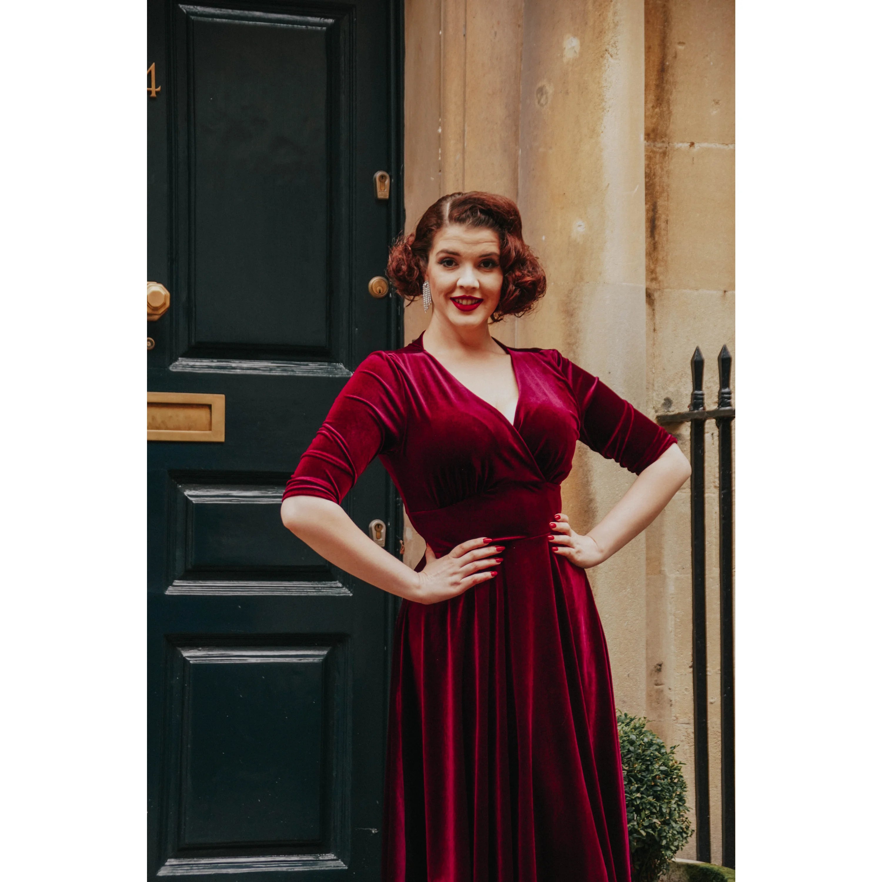 Purple Velour Deep V Wrap 3/4 Sleeve Swing Dress