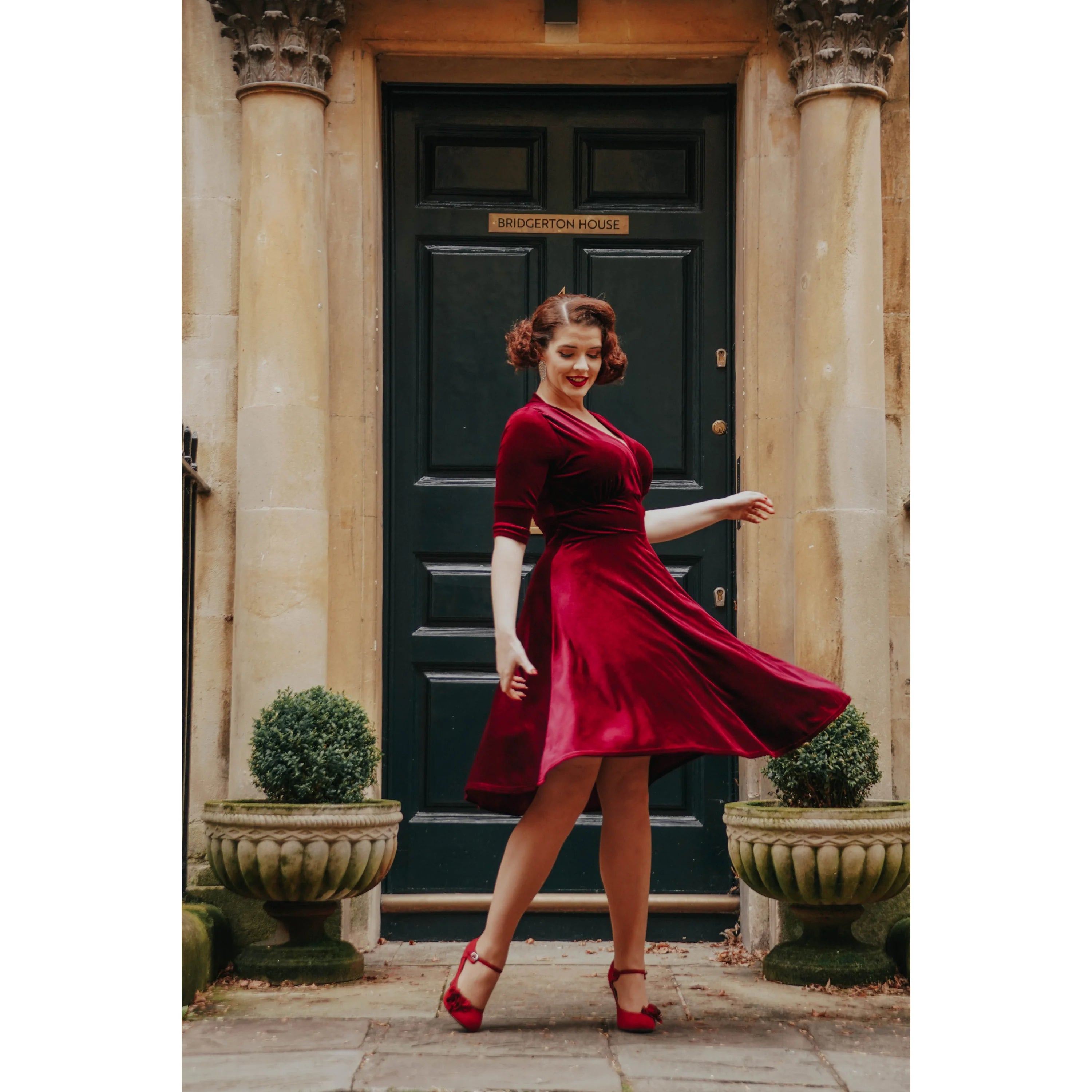 Purple Velour Deep V Wrap 3/4 Sleeve Swing Dress