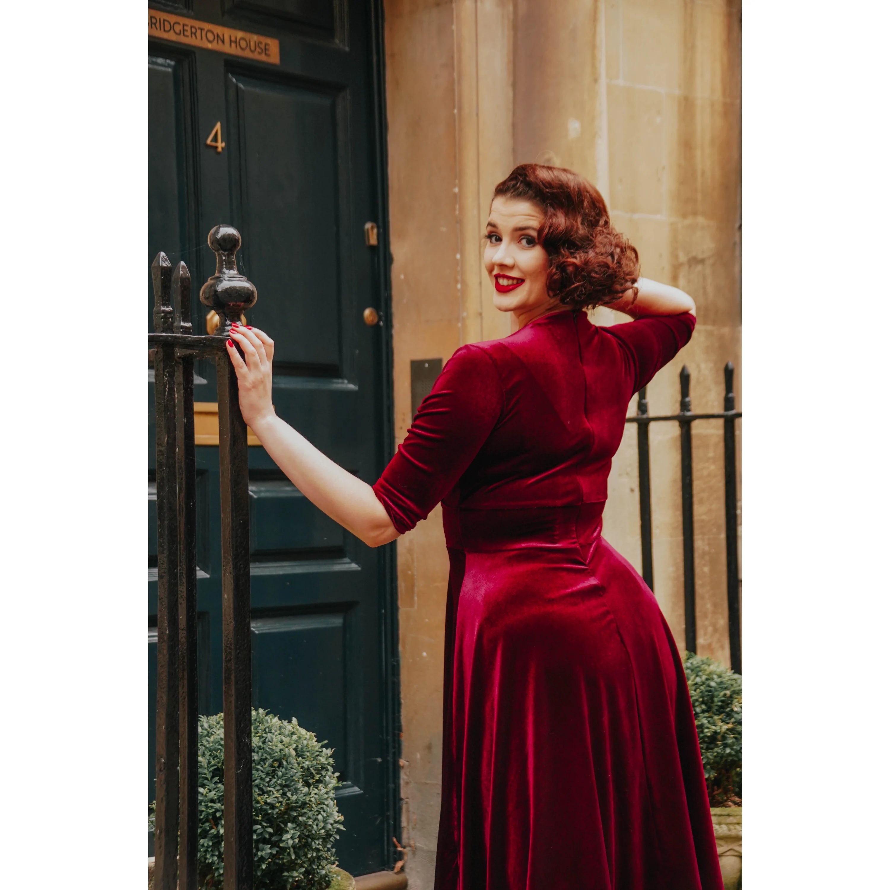Purple Velour Deep V Wrap 3/4 Sleeve Swing Dress