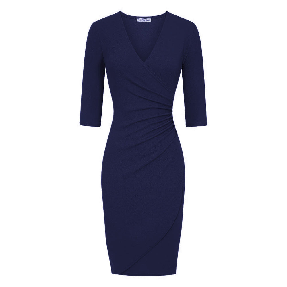 Navy 3/4 Sleeve Deep V Neck Ruched Detail Wrap Effect Pencil Dress