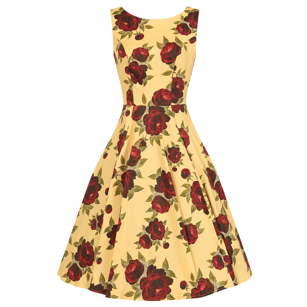 Yellow And Red Rose Floral Print Sleeveless Rockabilly 50s Swing Dress