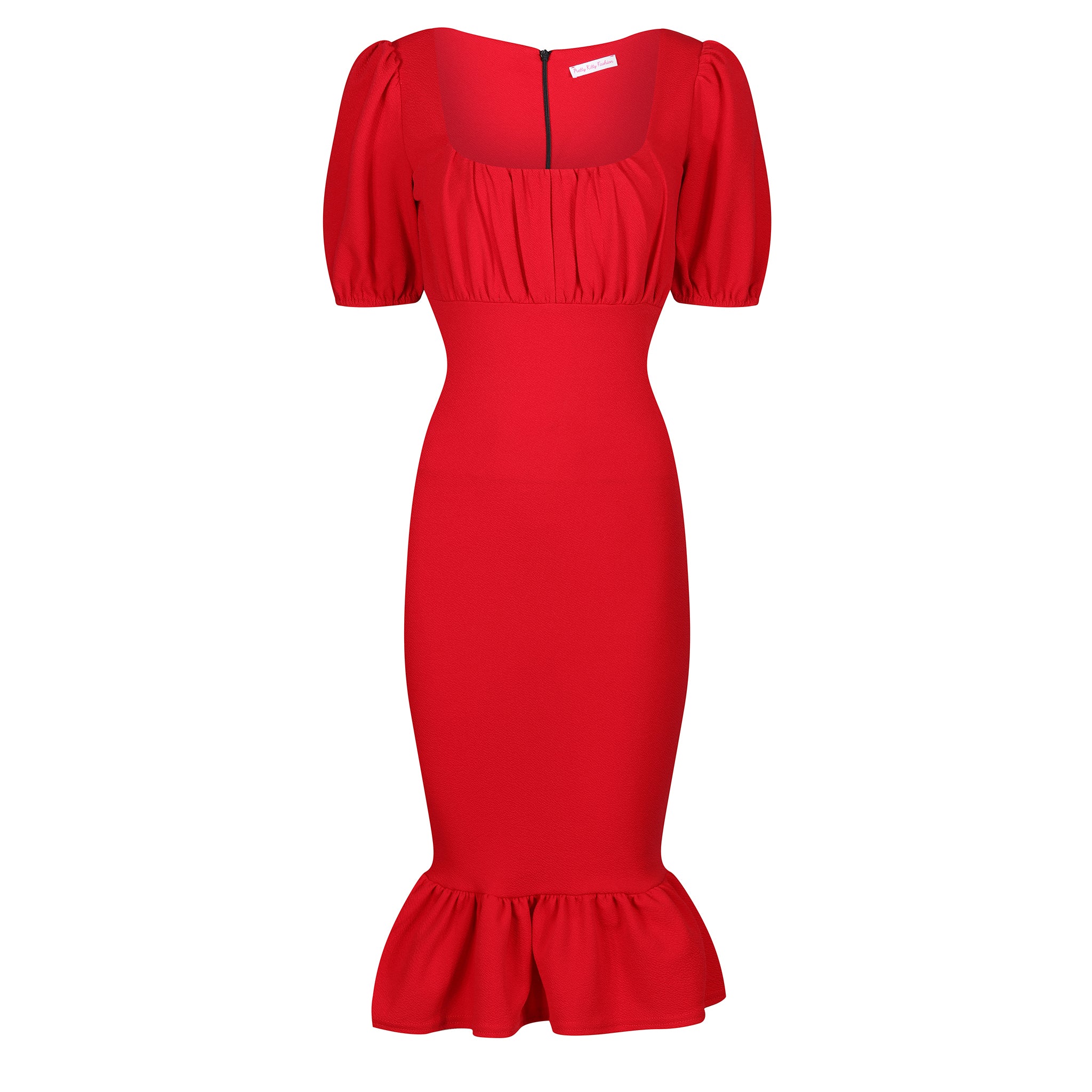 Red Puff Sleeve Square Neckline Ruched Peplum Wiggle Pencil Dress