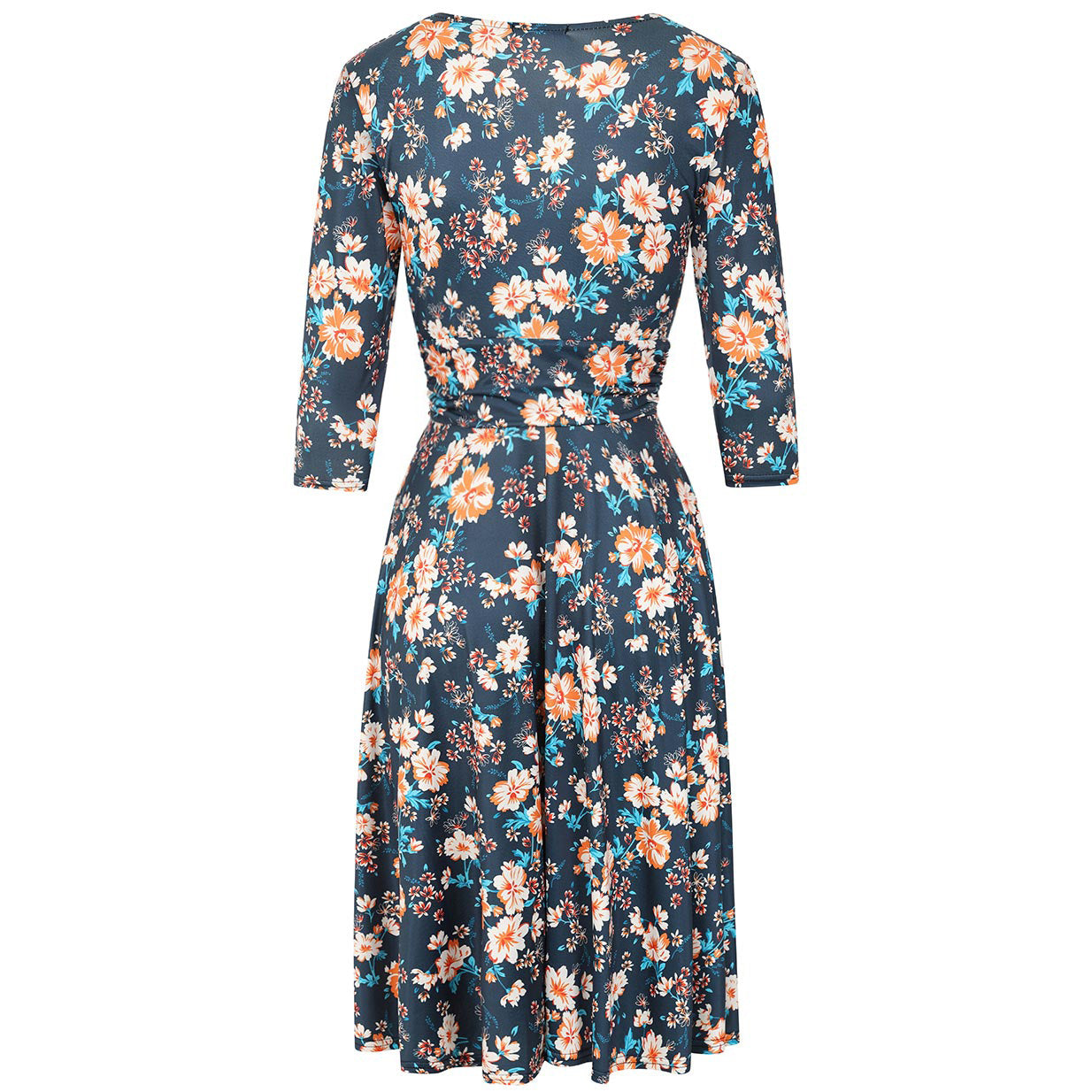 Navy Multi Floral Print 3/4 Sleeve Crossover Vintage Swing Dress