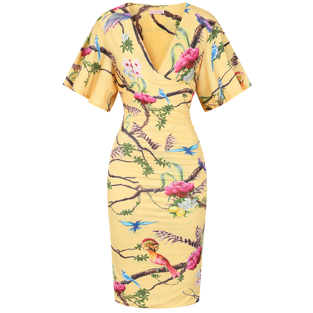 Yellow Bird Print Butterfly Sleeve Slinky Pencil Cocktail Dress