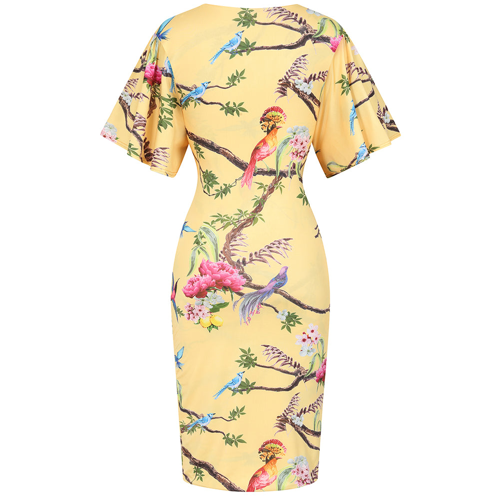 Yellow Bird Print Butterfly Sleeve Slinky Pencil Cocktail Dress