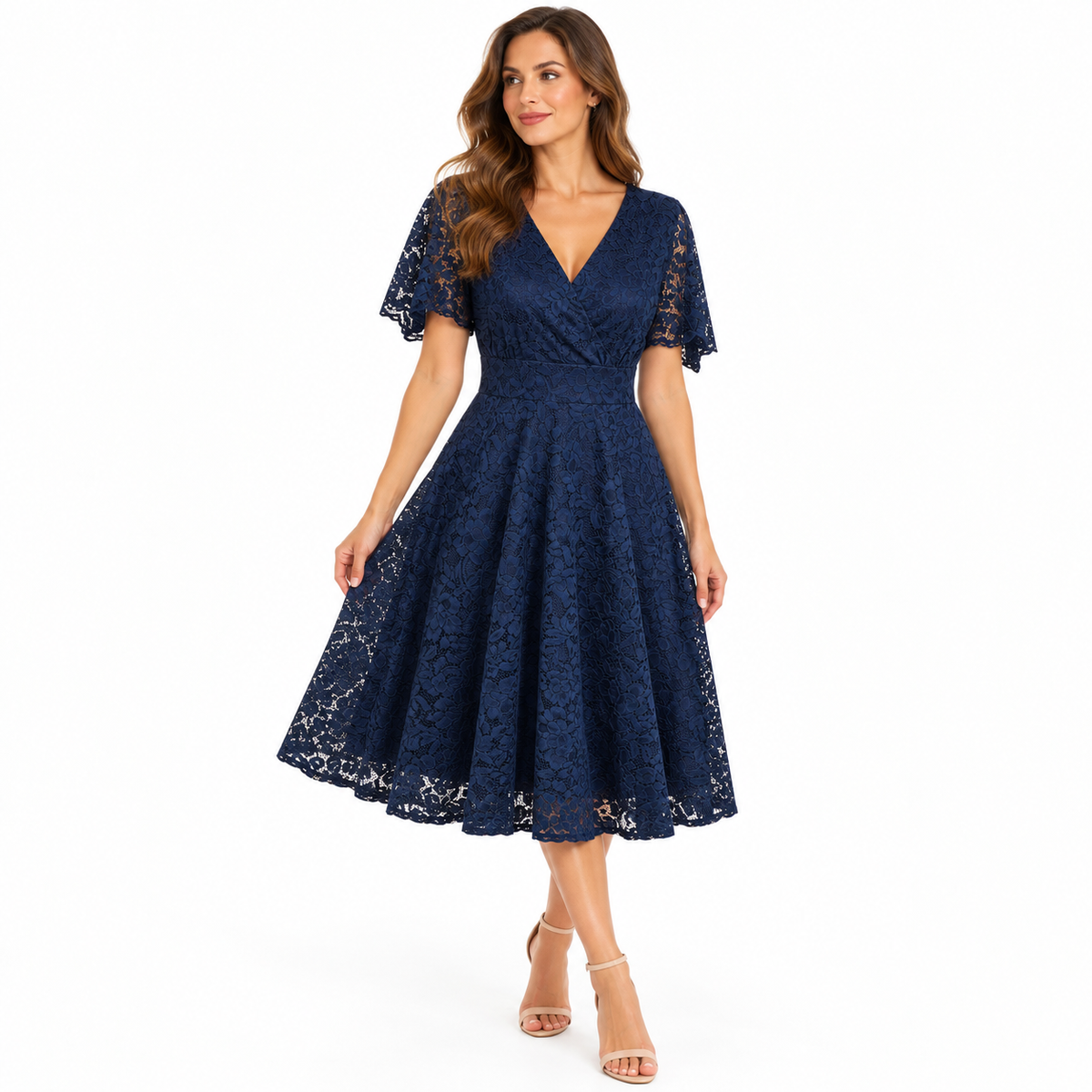 Navy Blue Rose Floral Lace Vintage Style Fit and Flare Dress