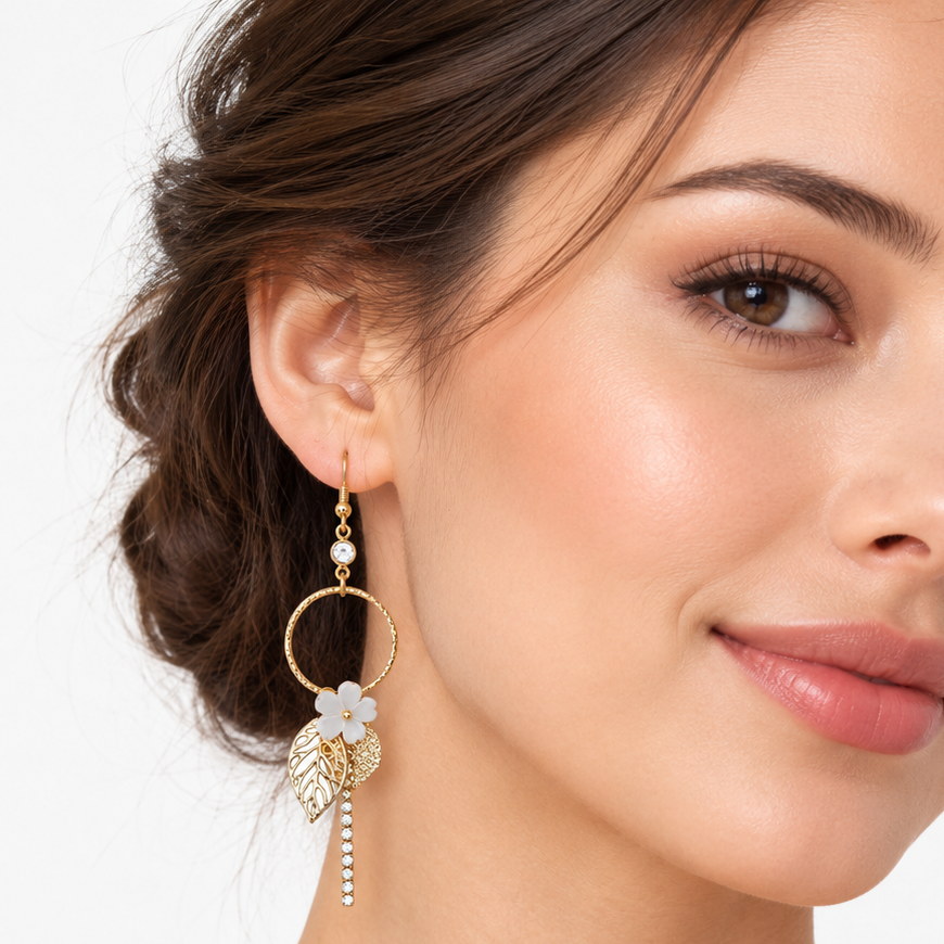 White Crystal Leaf Drop Earrings