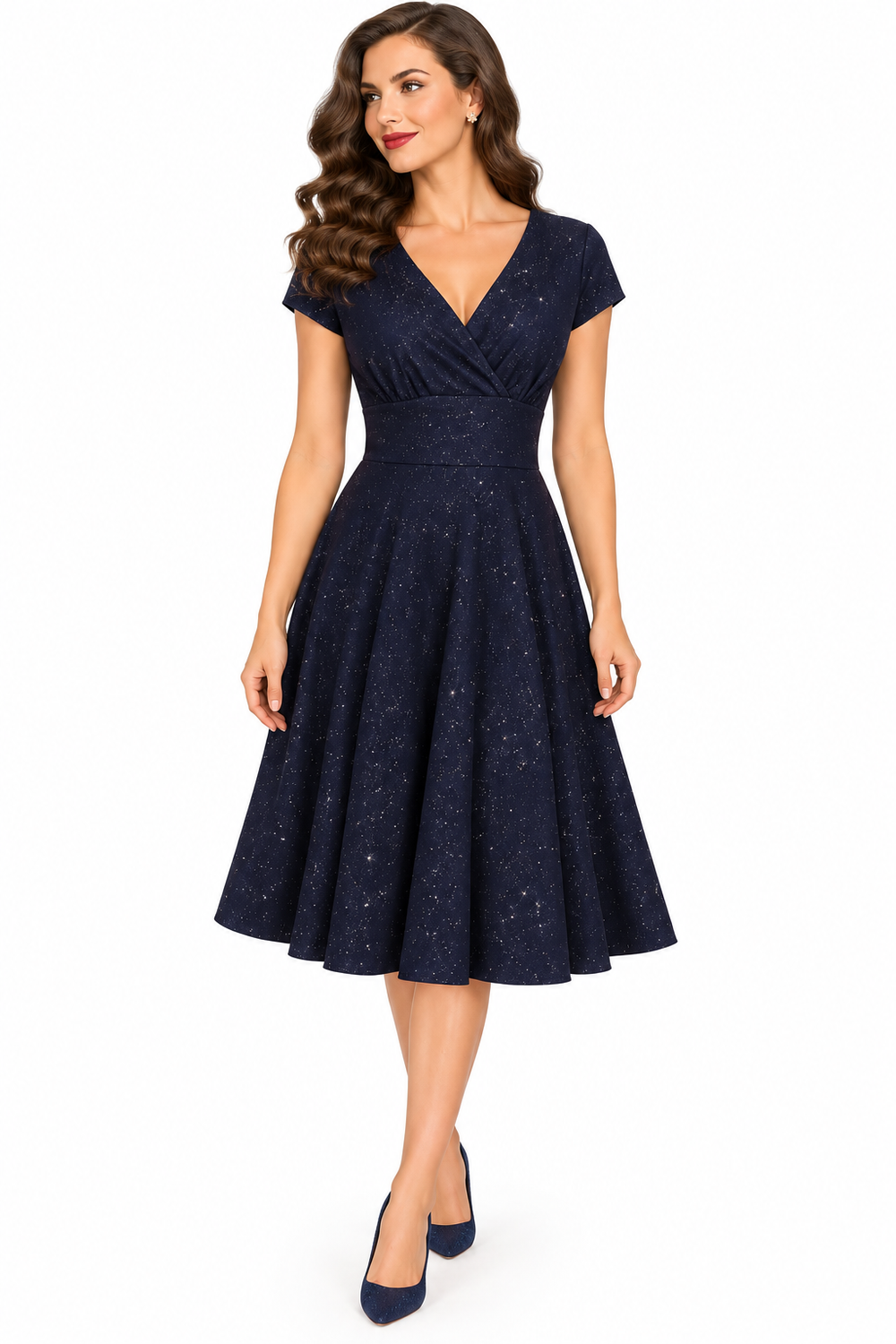 Navy Blue & Sparkly Glitter A Line Crossover Top Capped Sleeve Tea Swing Dress